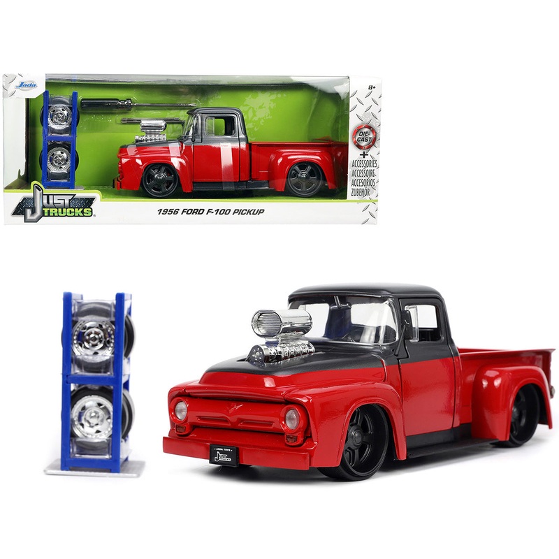 1956 Ford F-100 Pickup Truck Red and Dark Gray Metallic with Extra Wheels “Just Trucks” Series 1/24 Diecast Model Car by Jada