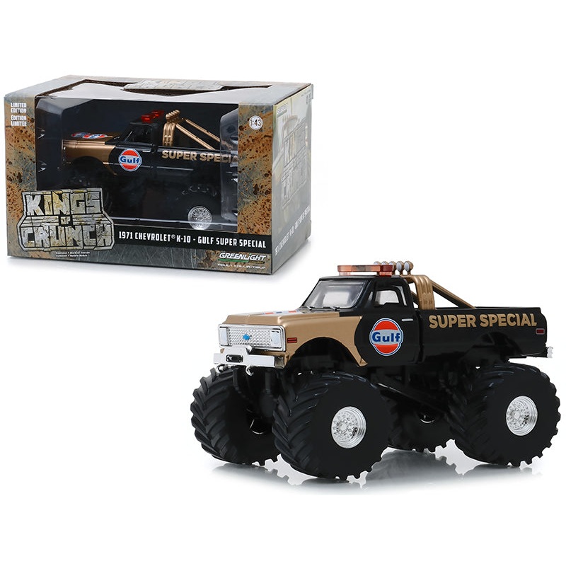 1971 Chevrolet K-10 Monster Truck “Gulf Super Special” Black and Gold with 66-Inch Tires “Kings of Crunch” 1/43 Diecast Model Car by Greenlight