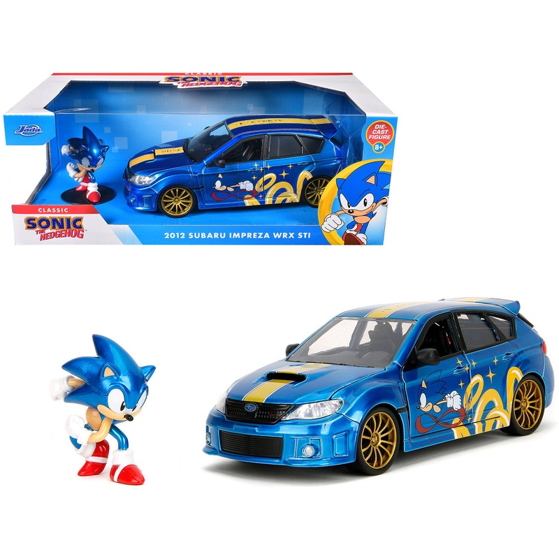 2012 Subaru Impreza WRX STI Blue Metallic with Graphics and Sonic The Hedgehog Diecast Figure “Sonic The Hedgehog” “Hollywood Rides” Series 1/24 Diecast Model Car by Jada