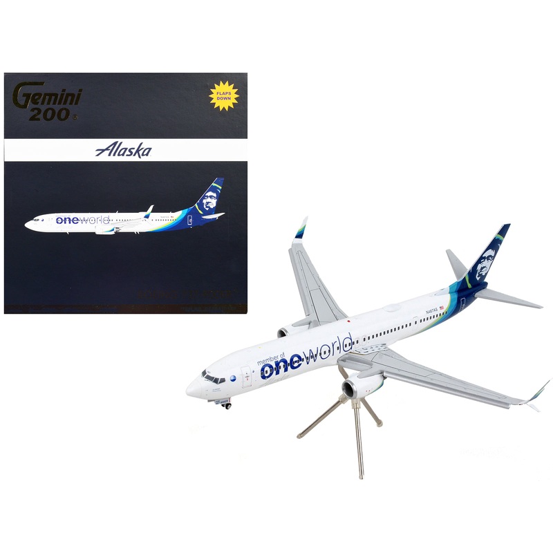 Boeing 737-900ER Commercial Aircraft with Flaps Down “Alaska Airlines – One World” White with Blue Tail “Gemini 200” Series 1/200 Diecast Model Airplane by GeminiJets