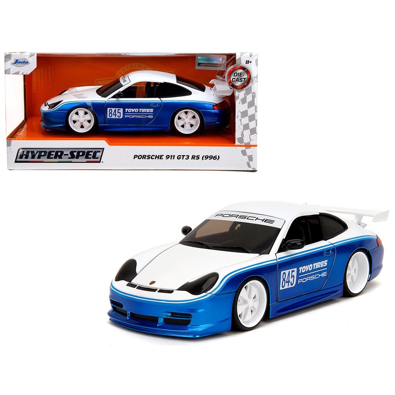 Porsche 911 GT3 RS (996) #845 White and Blue Metallic “Toyo Tires” “Hyper-Spec” Series 1/24 Diecast Model Car by Jada
