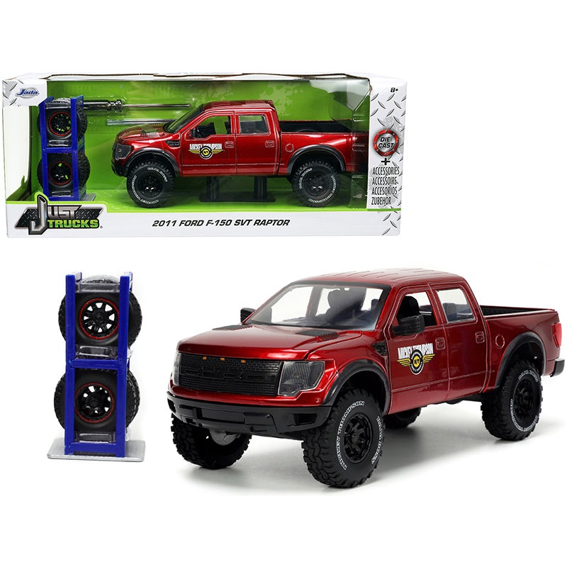 2011 Ford F-150 SVT Raptor Pickup Truck Candy Red Metallic “Mickey Thompson Tires & Wheels” with Extra Wheels “Just Trucks” Series 1/24 Diecast Model Car by Jada