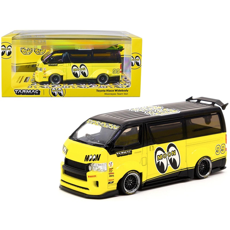 Toyota Hiace Widebody Van RHD (Right Hand Drive) #99 “Mooneyes Team Van” Yellow and Black with Graphics “Hobby43” 1/43 Diecast Model Car by Tarmac Works