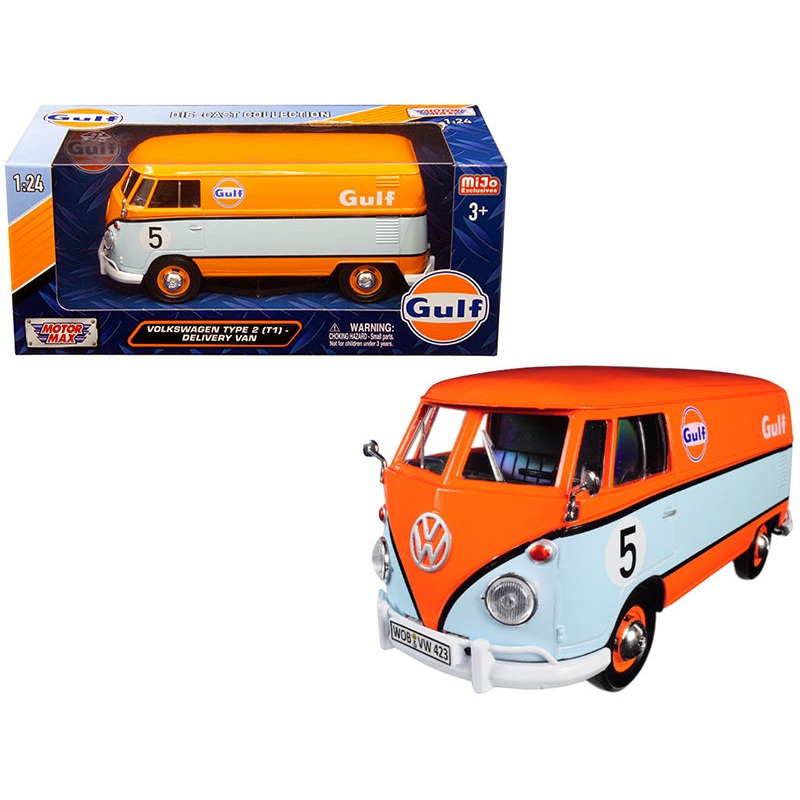 Volkswagen Type 2 (T1) Delivery Van #5 “Gulf” Orange and Light Blue 1/24 Diecast Model Car by Motormax