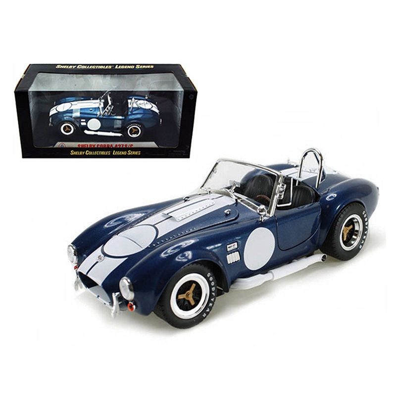 1965 Shelby Cobra 427 S/C Dark Blue Metallic with White Stripes with Printed Carroll Shelby’s Signature on the Trunk 1/18 Diecast Model Car by Shelby Collectibles
