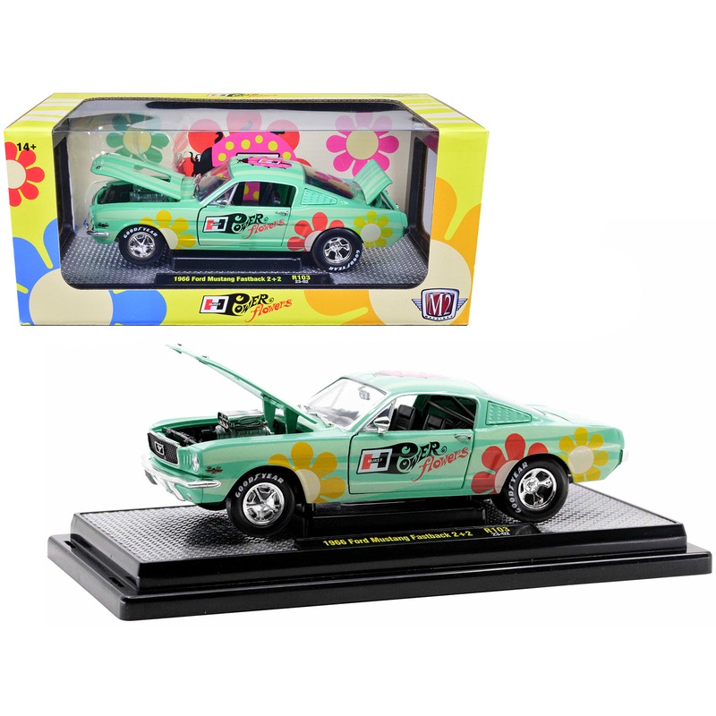 1966 Ford Mustang Fastback 2+2 Seafoam Green and Light Green Striped with Flower Graphics “Hurst Power Flowers” Limited Edition to 6550 pieces Worldwide 1/24 Diecast Model Car by M2 Machines