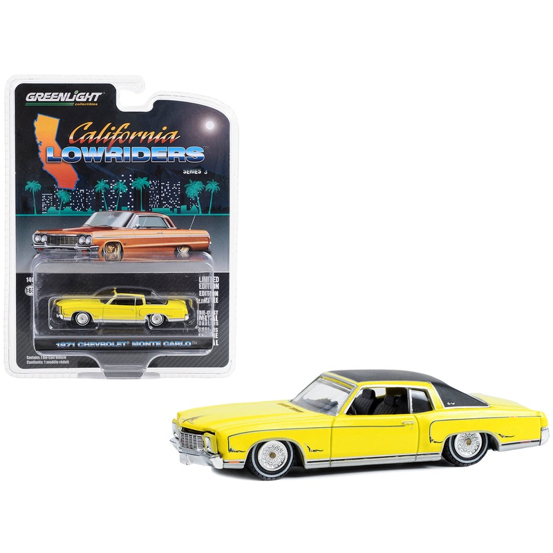 1971 Chevrolet Monte Carlo Lowrider Sunflower Yellow with Black Top “California Lowriders” Series 3 1/64 Diecast Model Car by Greenlight