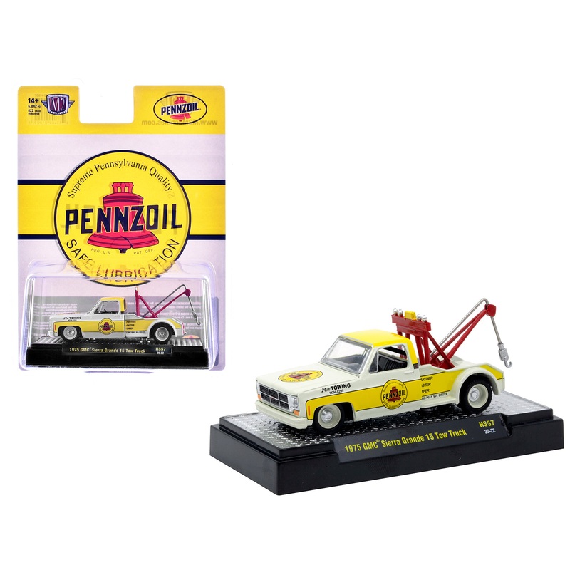 1975 GMC Sierra Grande 15 Tow Truck “Pennzoil” Off White and Yellow Limited Edition to 6842 pieces Worldwide 1/64 Diecast Model Car by M2 Machines