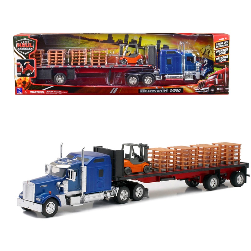 Kenworth W900 Truck with Flatbed Trailer Blue with Forklift and Pallets “Long Haul Truckers” Series 1/32 Diecast Model by New Ray