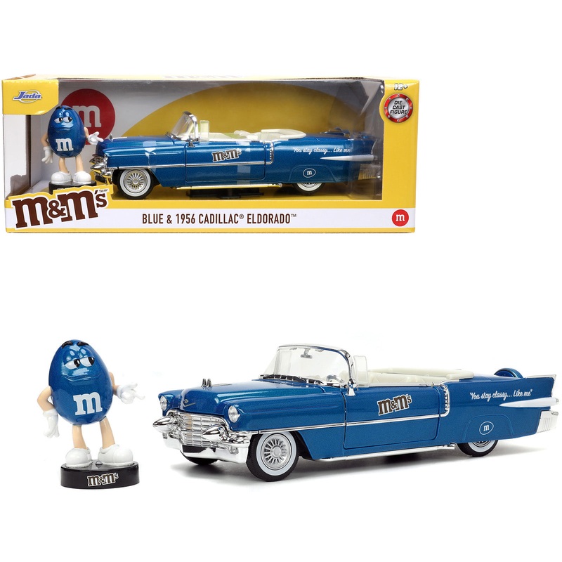 1956 Cadillac Eldorado Convertible Blue Metallic with Cream Interior “Stay Classy” and Blue M&M Diecast Figure “M&M’s” “Hollywood Rides” Series 1/24 Diecast Model Car by Jada