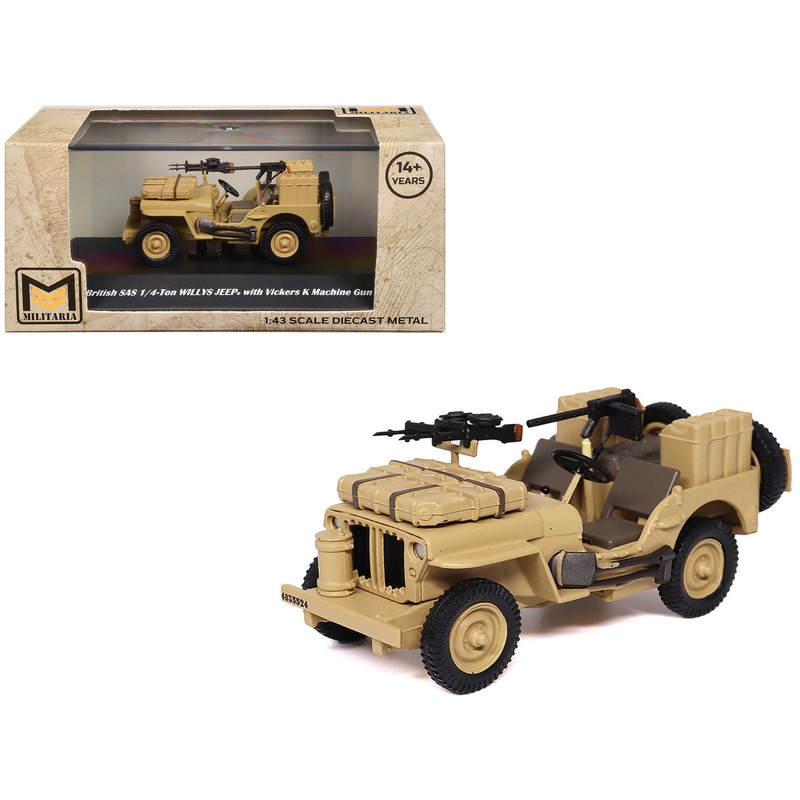 British SAS 1/4-Ton Willys Jeep with Vickers K Machine Gun Desert Sand “British Royal Army” 1/43 Diecast Model by Militaria Die Cast
