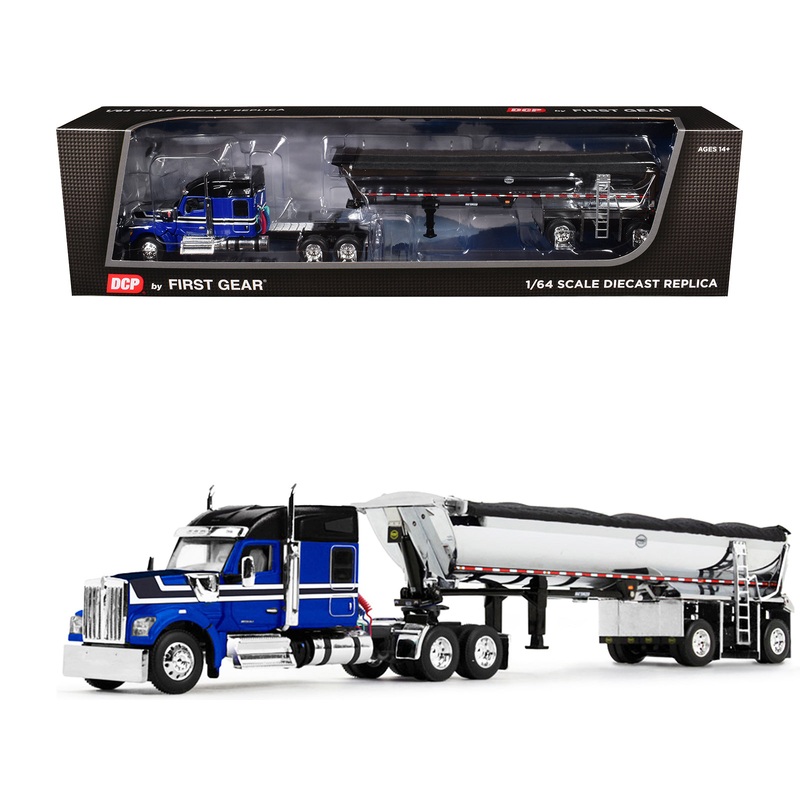 Kenworth W990 76″ Mid-Roof Sleeper and MAC Half Round End Dump Trailer Blue and Black 1/64 Diecast Model by DCP/First Gear