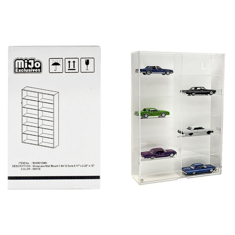 Showcase 12 Car Display Case Wall Mount with White Back Panel “Mijo Exclusives” for 1/64 Scale Models