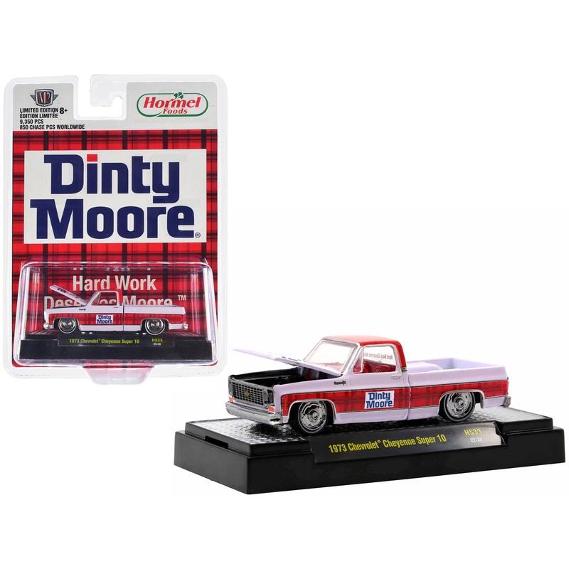 1973 Chevrolet Cheyenne Super 10 Pickup Truck White with Red Top and Red Plaid Stripe “Dinty Moore” Limited Edition to 9350 pieces Worldwide 1/64 Diecast Model Car by M2 Machines