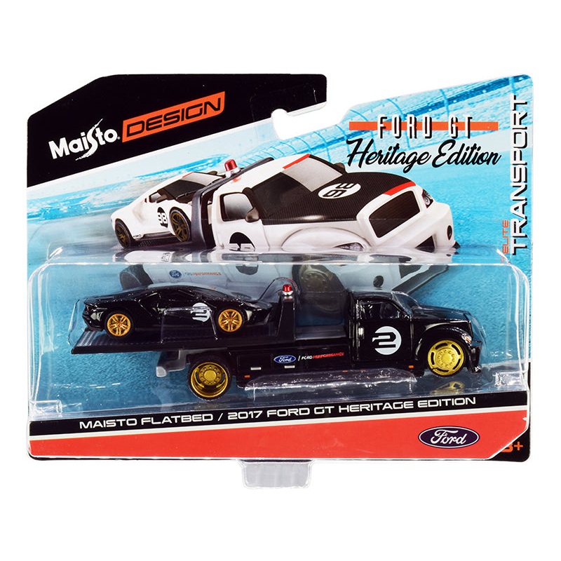 2017 Ford GT #2 Heritage Edition with Flatbed Truck Black “Elite Transport” Series 1/64 Diecast Model Cars by Maisto