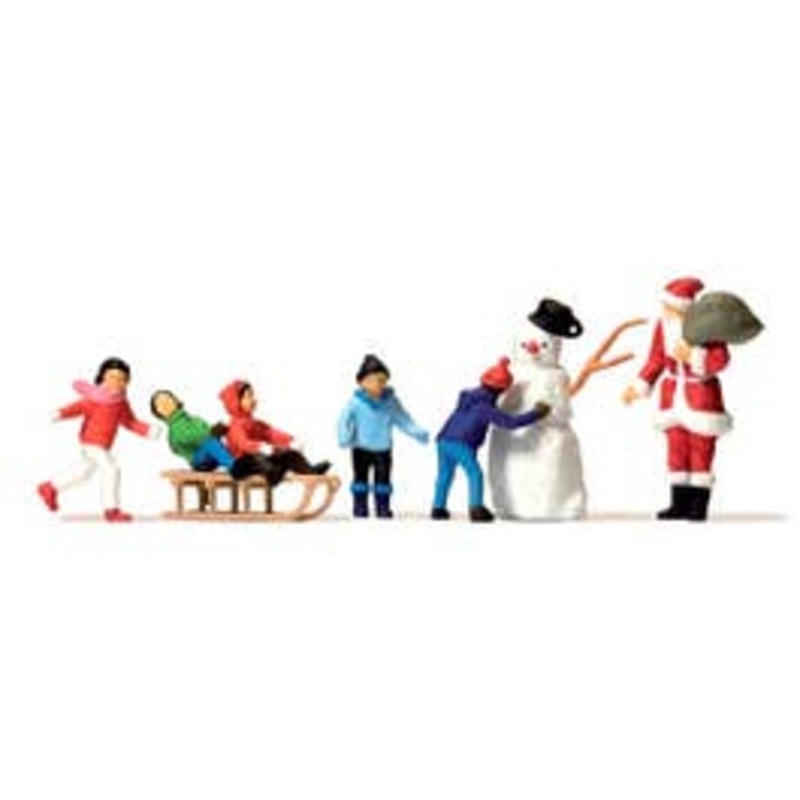 Preiser 10626 HO Christmas Figure Set in Merry Christmas Box — Santa Claus , Children , Snowman & Sled