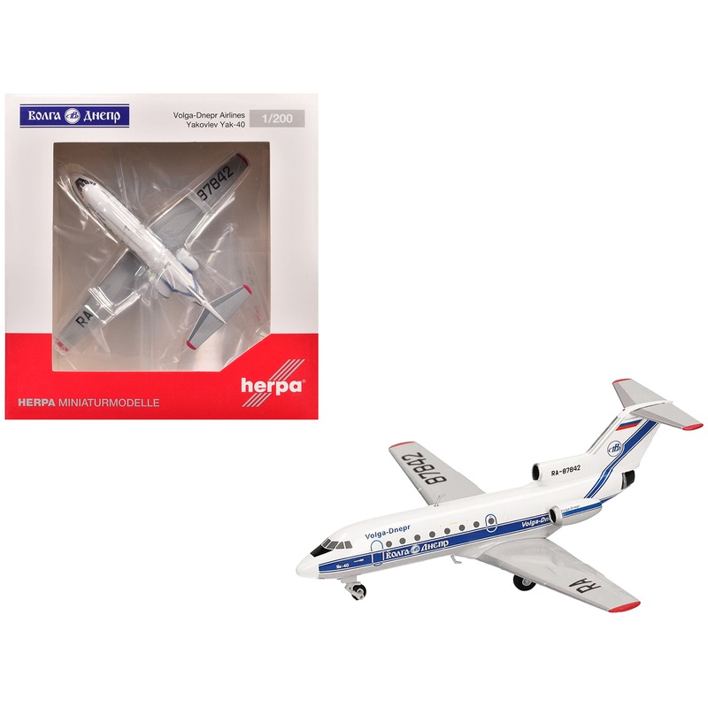 Yakovlev Yak-40 Commercial Aircraft “Volga-Dnepr Airlines” (RA-87842) White with Blue Stripes 1/200 Diecast Model Airplane by Herpa