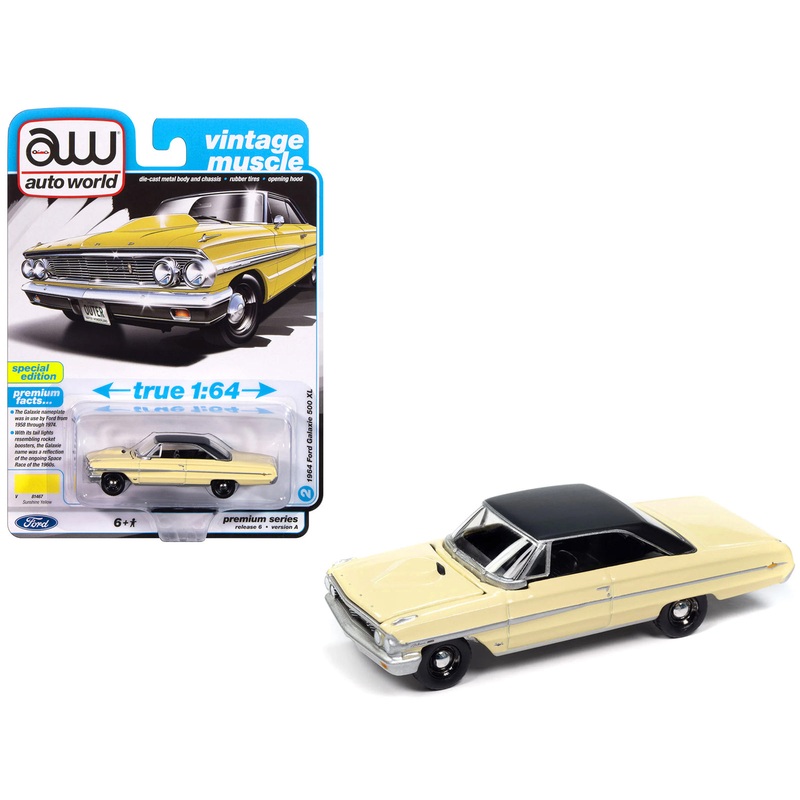 1964 Ford Galaxie 500 XL Sunshine Yellow with Black Top “Vintage Muscle” Series 1/64 Diecast Model Car by Auto World