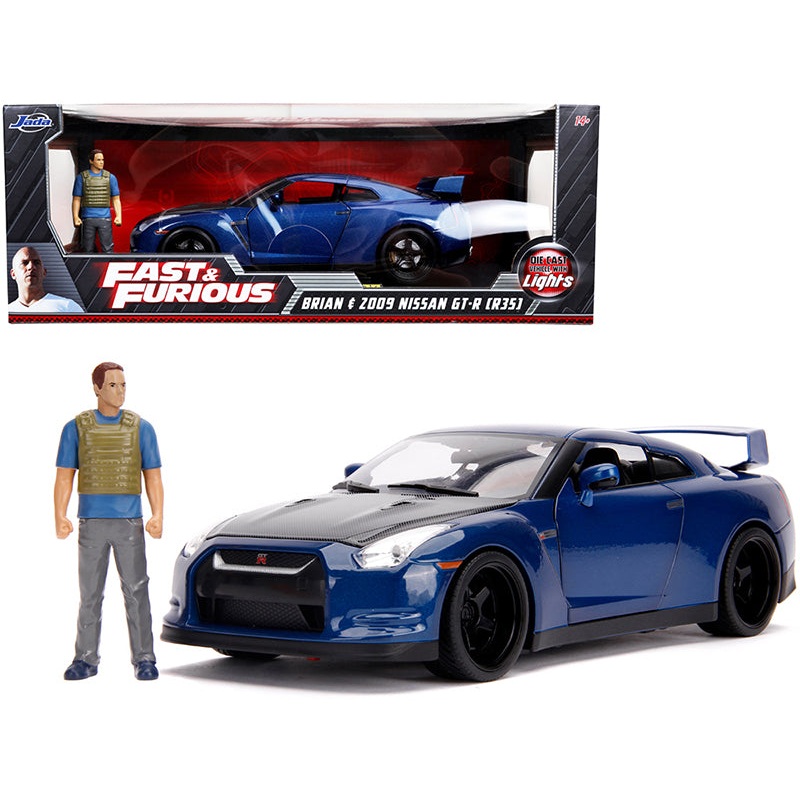 2009 Nissan GT-R (R35) Blue Metallic and Carbon with Lights and Brian Figurine “Fast & Furious” Movie 1/18 Diecast Model Car by Jada