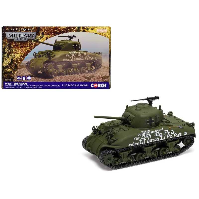 M4A1 Sherman Medium Tank “BeutePanzer (Trophy Tank) US Army North African Campaign Captured by L./PzRgt 5 Tunisia” (1943) German Army “Military Legends” Series 1/50 Diecast Model by Corgi