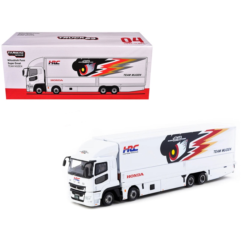 Mitsubishi Fuso Truck with Transporter “Team MUGEN – HRC” White with Graphics “Truck64” Series 1/64 Diecast Model Car by Tarmac Works