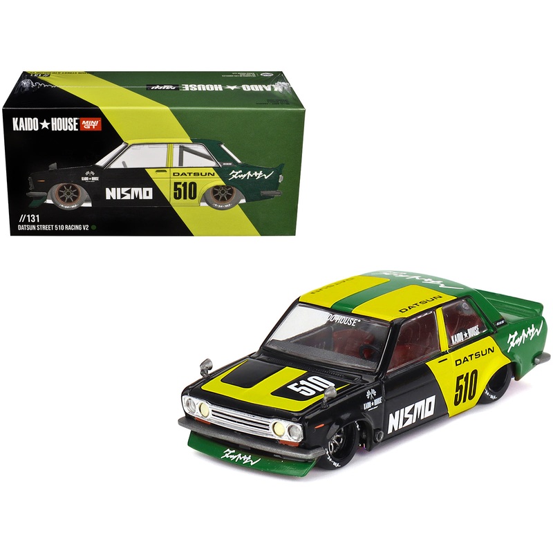 Datsun Street 510 “Racing V2” Black and Green with Yellow Accents (Designed by Jun Imai) “Kaido House” Special 1/64 Diecast Model Car by Mini GT