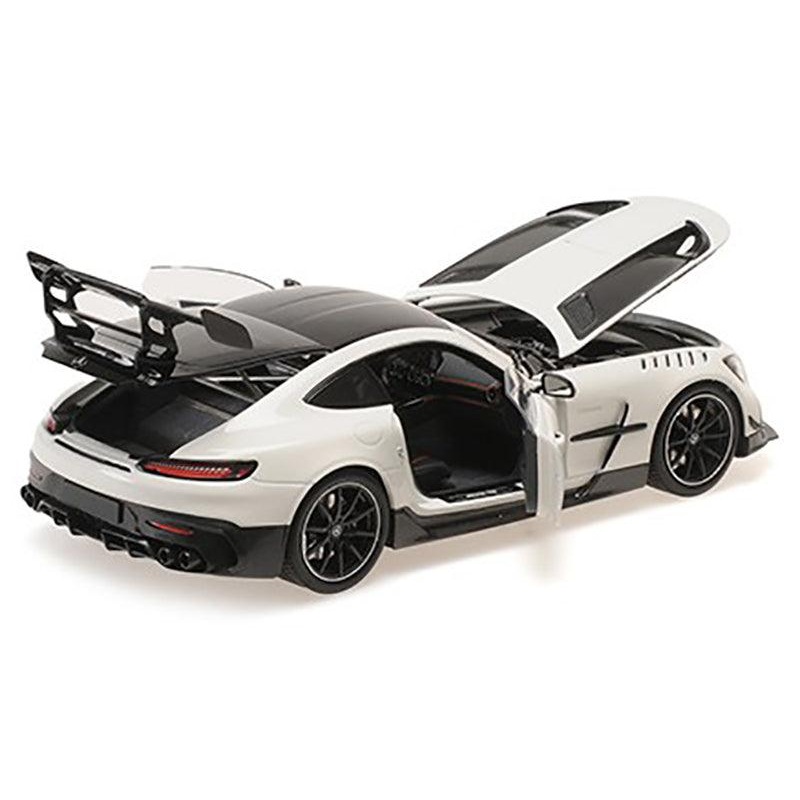 2021 Mercedes-Benz AMG GT Black Series White Metallic with Black Top and Hood Stripes 1/18 Diecast Model Car by Minichamps