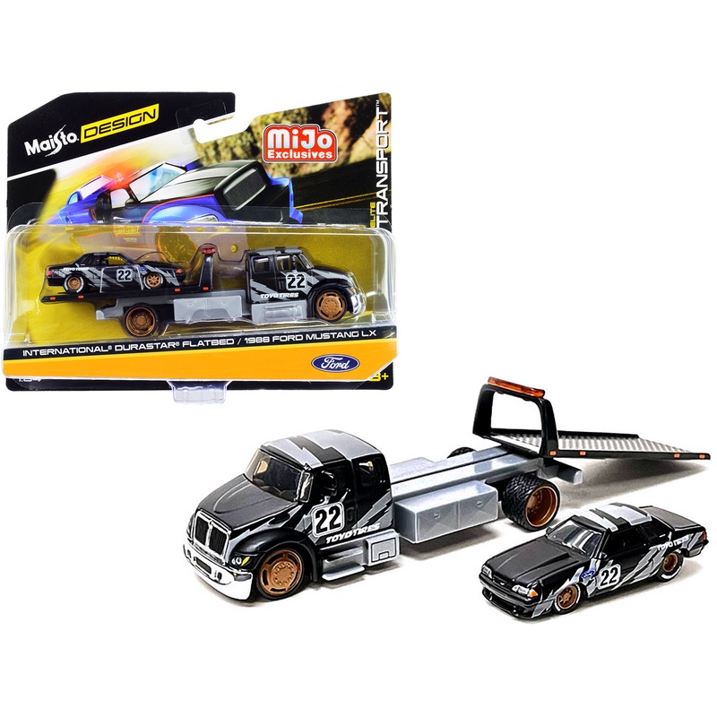 International DuraStar Flatbed Truck #22 and 1988 Ford Mustang LX #22 Matt Black with Gray Graphics “Toyo Tires” “Elite Transport” Series 1/64 Diecast Models by Maisto