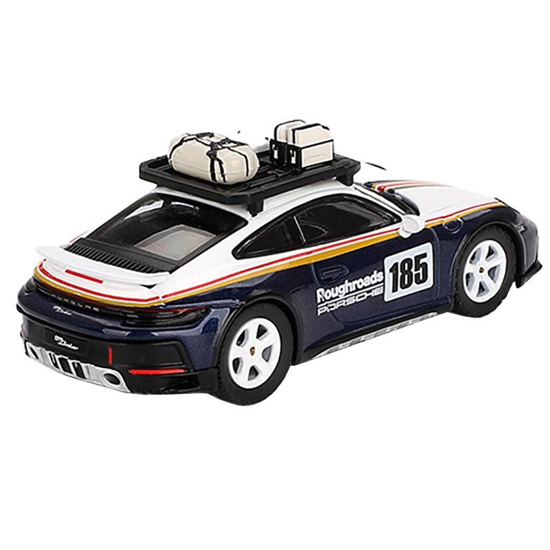 Porsche 911 Dakar Rallye Design Package #185 “Roughroads Porsche” White and Gentian Blue Metallic with Roofrack and Luggage Limited Edition 1/64 Diecast Model Car by Mini GT