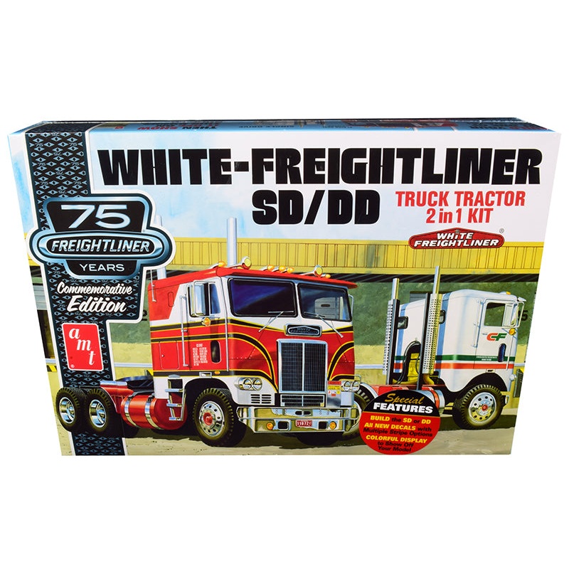 Skill 3 Model Kit White Freightliner SD/DD Truck Tractor 2-in-1 Kit with Display Base “75th Freightliner Anniversary” Commemorative Edition 1/25 Scale Model by AMT