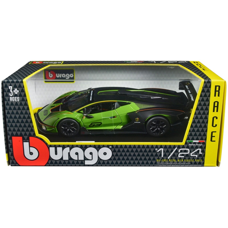 Lamborghini Essenza SCV12 #63 Green Metallic and Black “Squadra Corse” “Race” Series 1/24 Diecast Model Car by Bburago