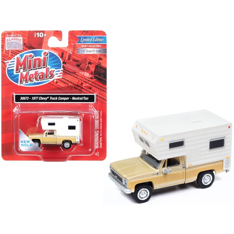 1977 Chevrolet Fleetside Pickup Truck with Camper Beige Metallic and Tan “Mini Metals” Series 1/87 (HO) Scale Model Car by Classic Metal Works