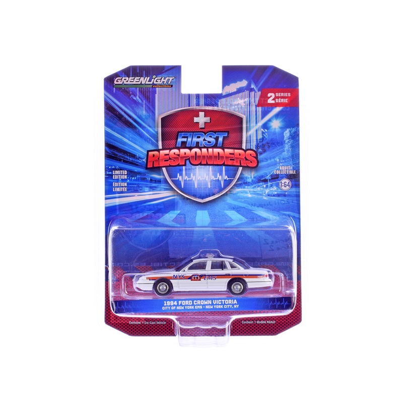 1994 Ford Crown Victoria “NYC EMS (City of New York Emergency Medical Service)” White with Blue and Red Stripes “First Responders” Series 2 1/64 Diecast Model Car by Greenlight