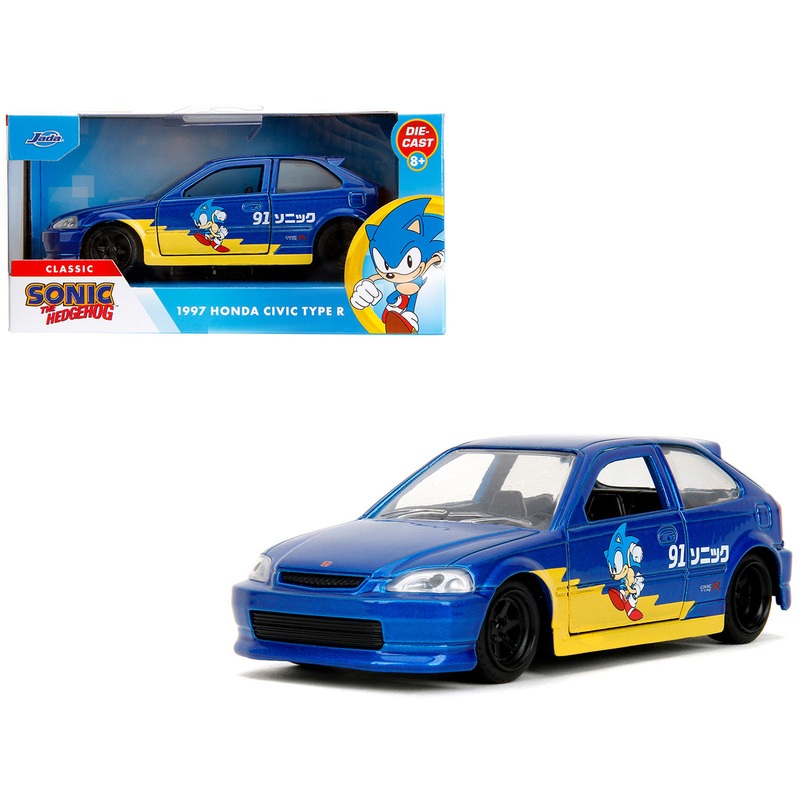 1997 Honda Civic Type R Blue Metallic with Graphics “Sonic the Hedgehog” (1991) Video Game “Hollywood Rides” Series 1/32 Diecast Model Car by Jada