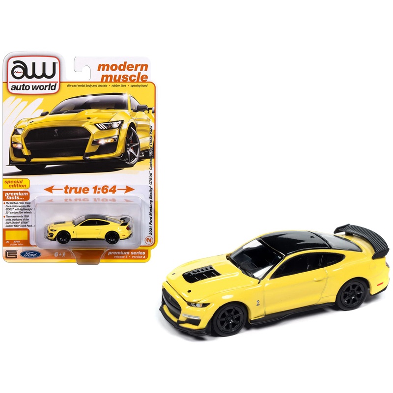 2021 Ford Mustang Shelby GT500 Carbon Fiber Track Pack Grabber Yellow with Black Top “Modern Muscle” Series 1/64 Diecast Model Car by Auto World