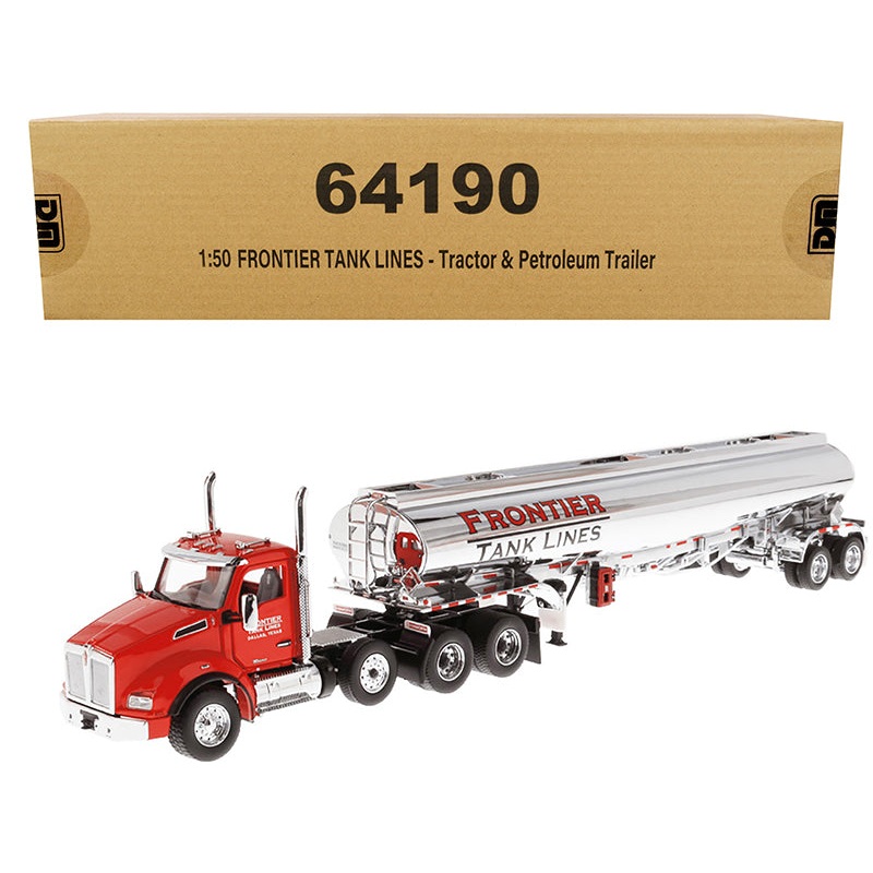 Kenworth T880 SBFA Tandem Day Cab Truck with Pusher Axle and Heil FD9300/DT-C4 Petroleum Tanker Trailer “Frontier Tank Lines” Red and Chrome “Transport Series” Limited Edition to 500 pieces Worldwide 1/50 Diecast Model by Diecast Masters