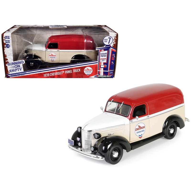 1939 Chevrolet Panel Truck “Chevron Gasolines” Red and Beige with White Hood and Stripes “Running on Empty” Series 7 1/24 Diecast Model Car by Greenlight