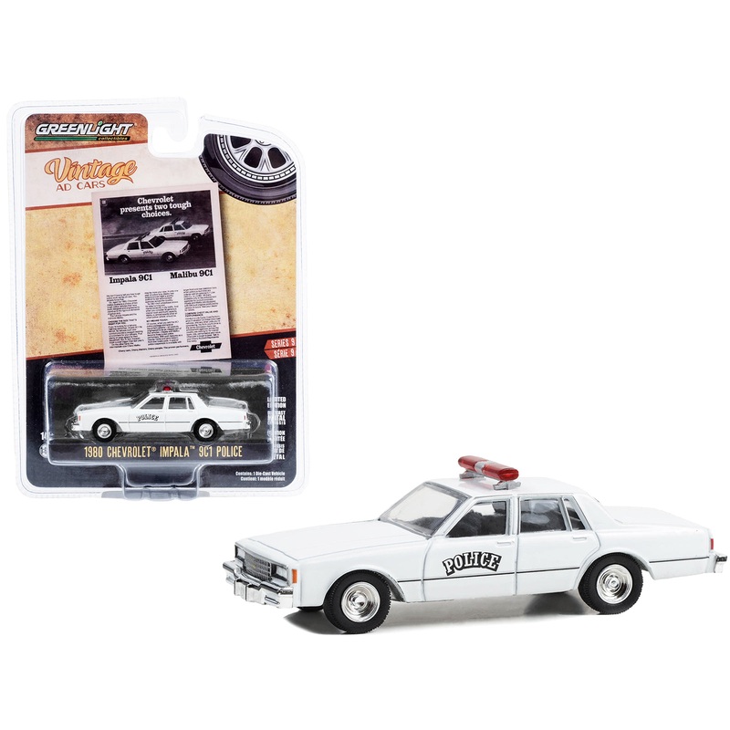 1980 Chevrolet Impala 9C1 Police White “Chevrolet Presents Two Tough Choices” “Vintage Ad Cars” Series 9 1/64 Diecast Model Car by Greenlight