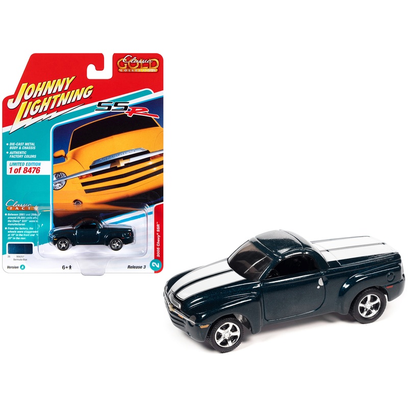 2005 Chevrolet SSR Pickup Truck Bermuda Blue Metallic with White Stripes “Classic Gold Collection” Series Limited Edition to 8476 pieces Worldwide 1/64 Diecast Model Car by Johnny Lightning