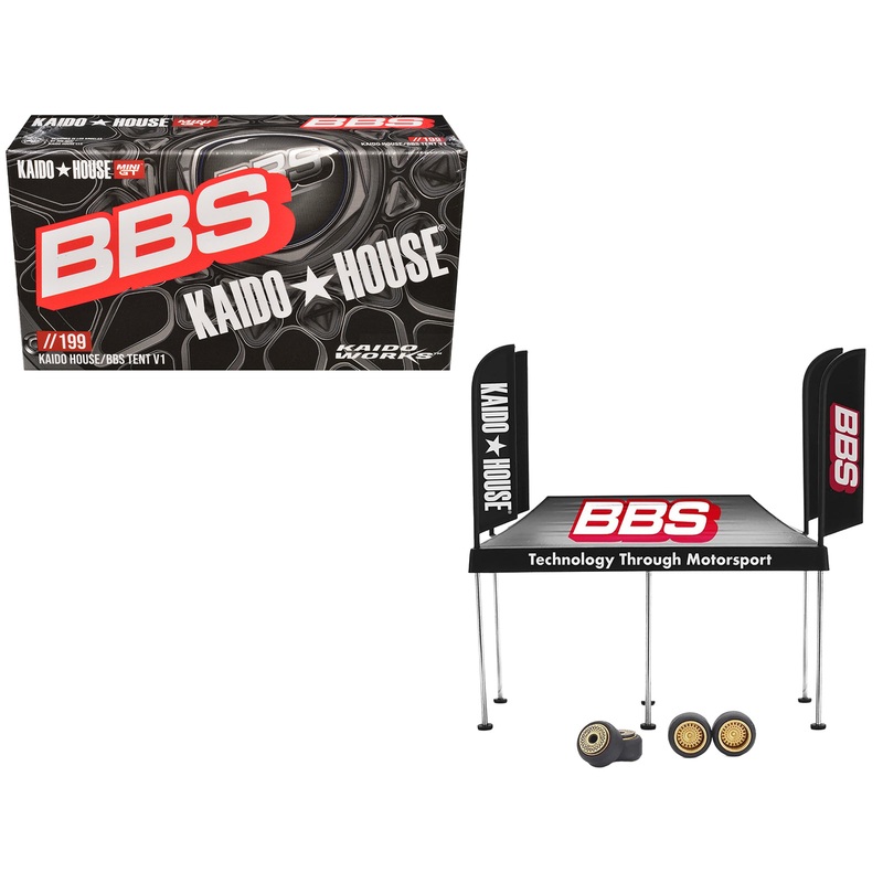 Kaido House “BBS” Tent V1 Black with Extra Wheels for 1/64 Scale Models by Mini GT