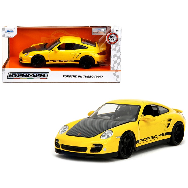 Porsche 911 Turbo (997) Yellow with Carbon Hood “Hyper-Spec” Series 1/24 Diecast Model Car by Jada