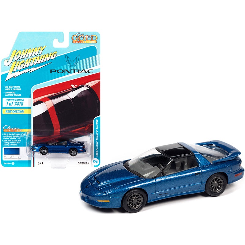 1996 Pontiac Firebird Trans Am T/A WS6 Medium Cloisonne Blue Metallic with Black Top “Classic Gold Collection” Limited Edition to 7418 pieces Worldwide 1/64 Diecast Model Car by Johnny Lightning