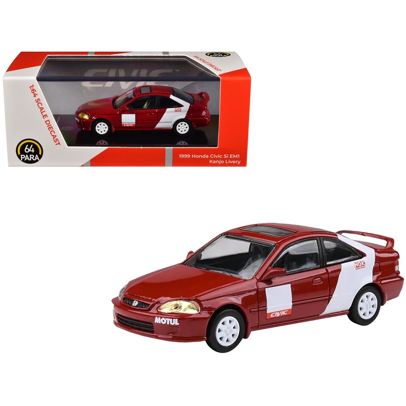 1999 Honda Civic Si EM1 “Kanjo Livery” Red with White Stripes 1/64 Diecast Model Car by Paragon Models