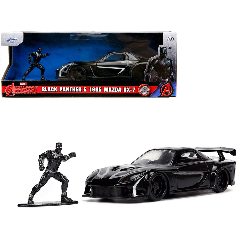 1995 Mazda RX-7 RHD (Right Hand Drive) Black and Black Panther Diecast Figure “The Avengers” “Hollywood Rides” Series 1/32 Diecast Model Car by Jada