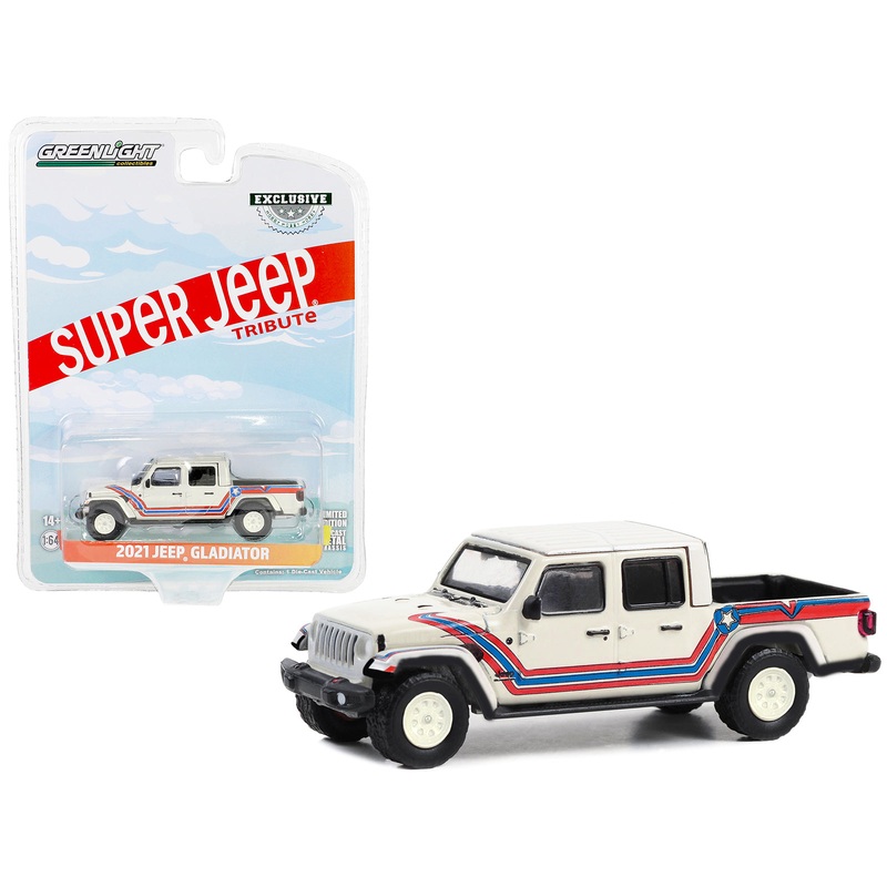 2021 Jeep Gladiator Pickup Truck “Super Jeep Tribute” White with Red and Blue Stripes “Hobby Exclusive” Series 1/64 Diecast Model Car by Greenlight
