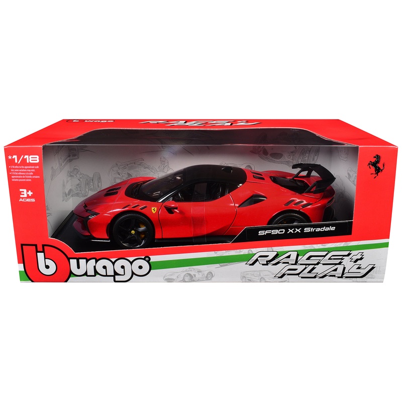Ferrari SF90 XX Stradale Red with Black Top “Race + Play” Series 1/18 Diecast Model Car by Bburago