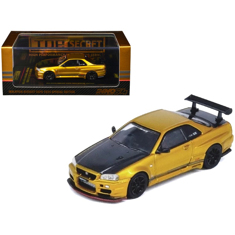 Nissan Skyline GT-R (R34) “Top Secret” RHD (Right Hand Drive) Gold Metallic with Carbon Hood and Trunk “Tokyo Auto Salon 2024 – Malaysia Diecast Expo 2024” 1/64 Diecast Model Car by Inno Models