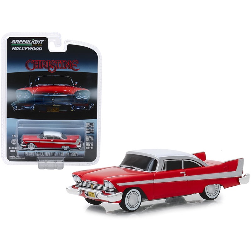 1958 Plymouth Fury Red with White Top “Evil Version” (Blacked Out Windows) “Christine” (1983) Movie “Hollywood Series” Release 24 1/64 Diecast Model Car by Greenlight