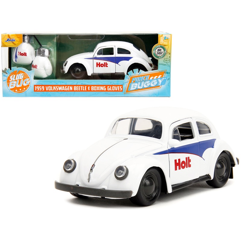 1959 Volkswagen Beetle “Holt” White with Blue Graphics and Boxing Gloves Accessory “Punch Buggy” Series 1/32 Diecast Model Car by Jada