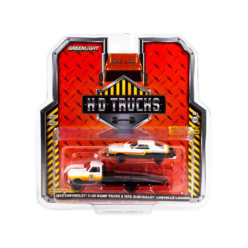 1972 Chevrolet C-30 Ramp Truck with 1976 Chevrolet Chevelle Laguna Black and White with Stripes “Armor All” “H.D. Trucks” Series 23 1/64 Diecast Model Car by Greenlight